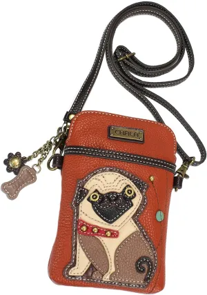 Chala Group Pug Cellphone Crossbody Handbag - Convertible Strap Pug Mom Pug Lover, Orange, 5" x 7.5" x 1"