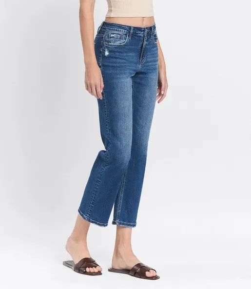 CHARMING DARK WASH HIGH RISE ANKLE STRAIGHT LEG JEANS