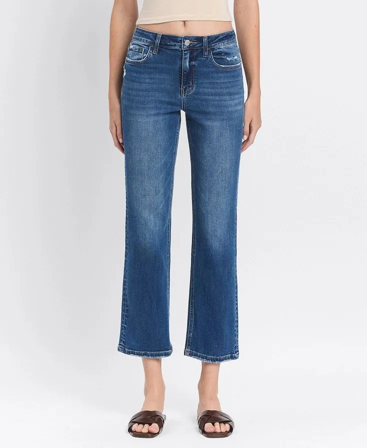 CHARMING DARK WASH HIGH RISE ANKLE STRAIGHT LEG JEANS