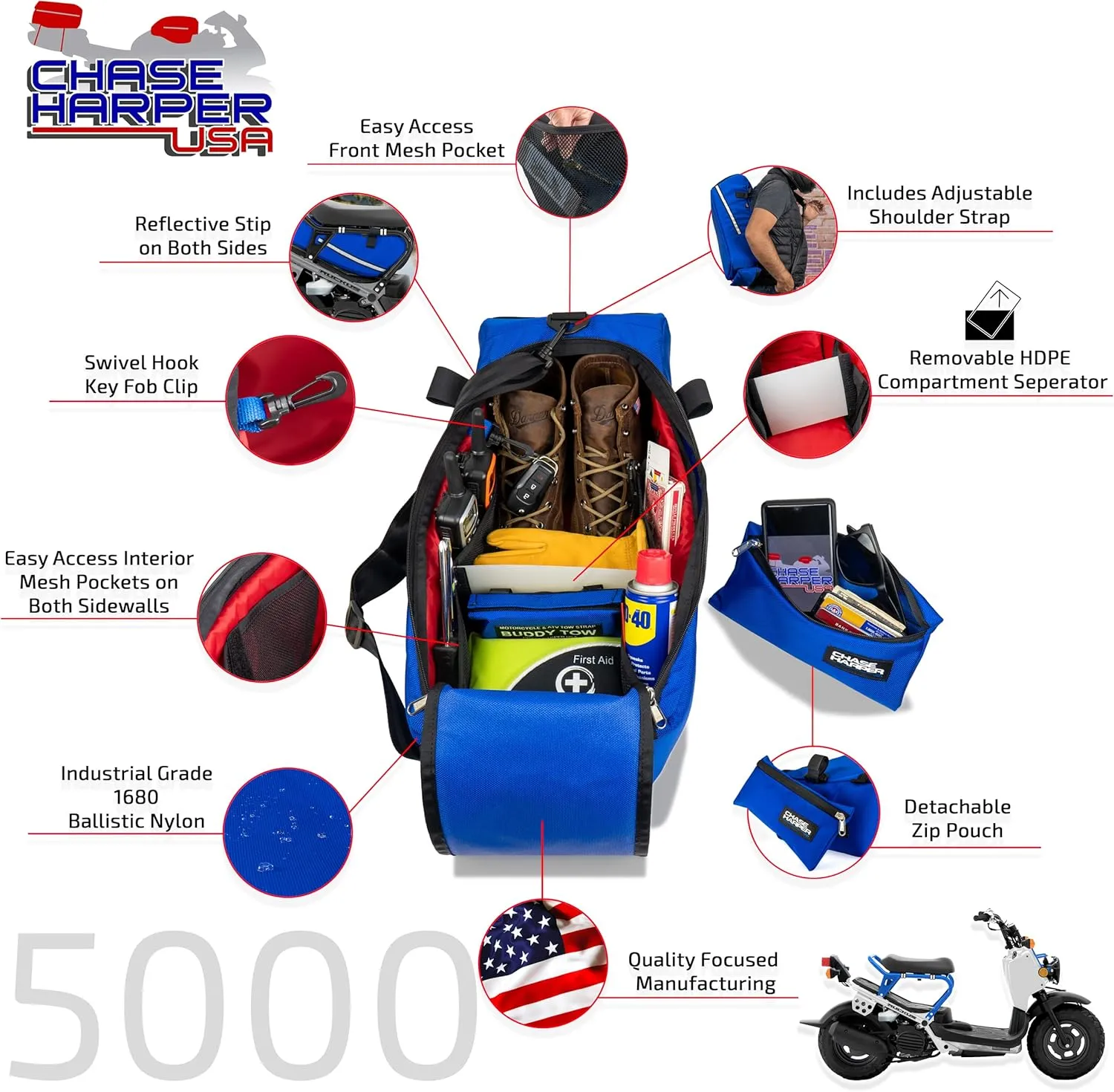 Chase HarperUSA 5000 Under The Seat Bag - 2020 Model - Compatible with All Honda Ruckus Model Years - Water and Tear-Resistant Industrial Grade Ballistic Nylon-Blue