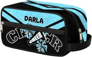 Cheer Personalized Toiletry Bag for Women Waterproof Cheerleader Cosmetic Makeup Bag Bathroom Travel Storage Bags with Handle for Cheer Team, Glitter Blue