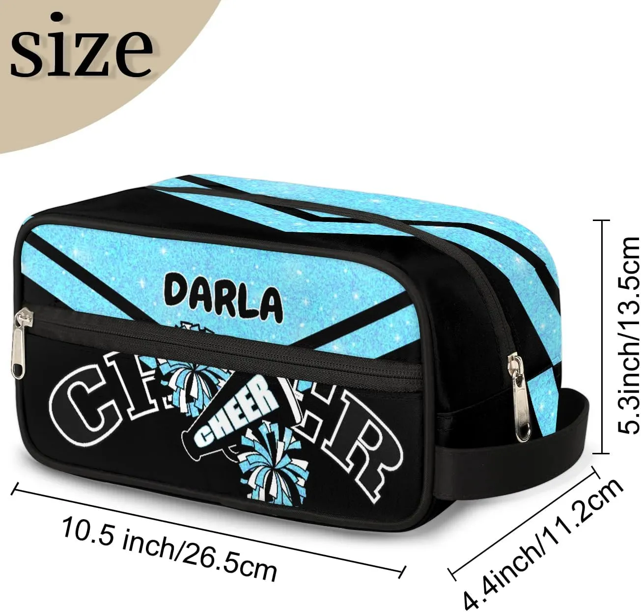 Cheer Personalized Toiletry Bag for Women Waterproof Cheerleader Cosmetic Makeup Bag Bathroom Travel Storage Bags with Handle for Cheer Team, Glitter Blue