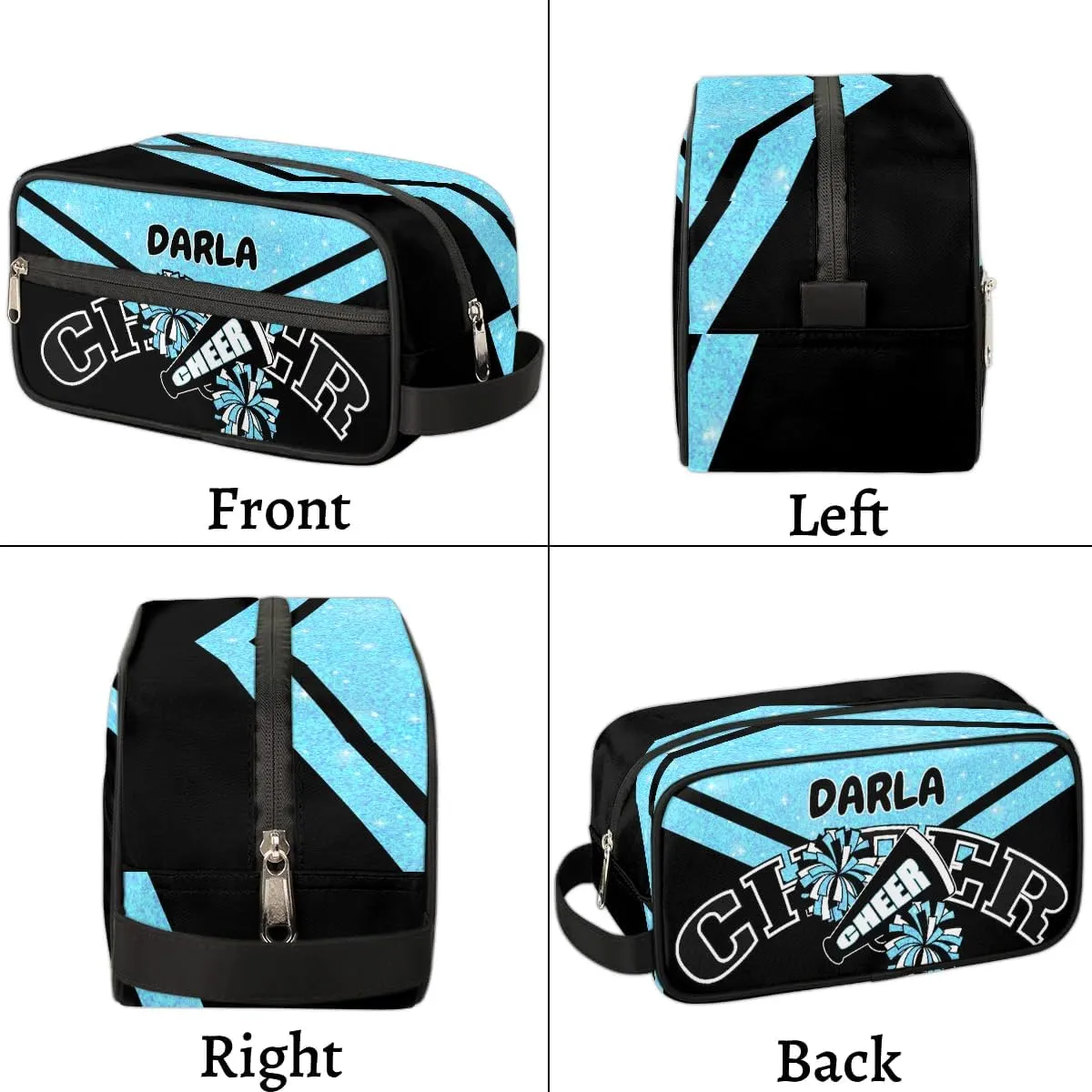 Cheer Personalized Toiletry Bag for Women Waterproof Cheerleader Cosmetic Makeup Bag Bathroom Travel Storage Bags with Handle for Cheer Team, Glitter Blue