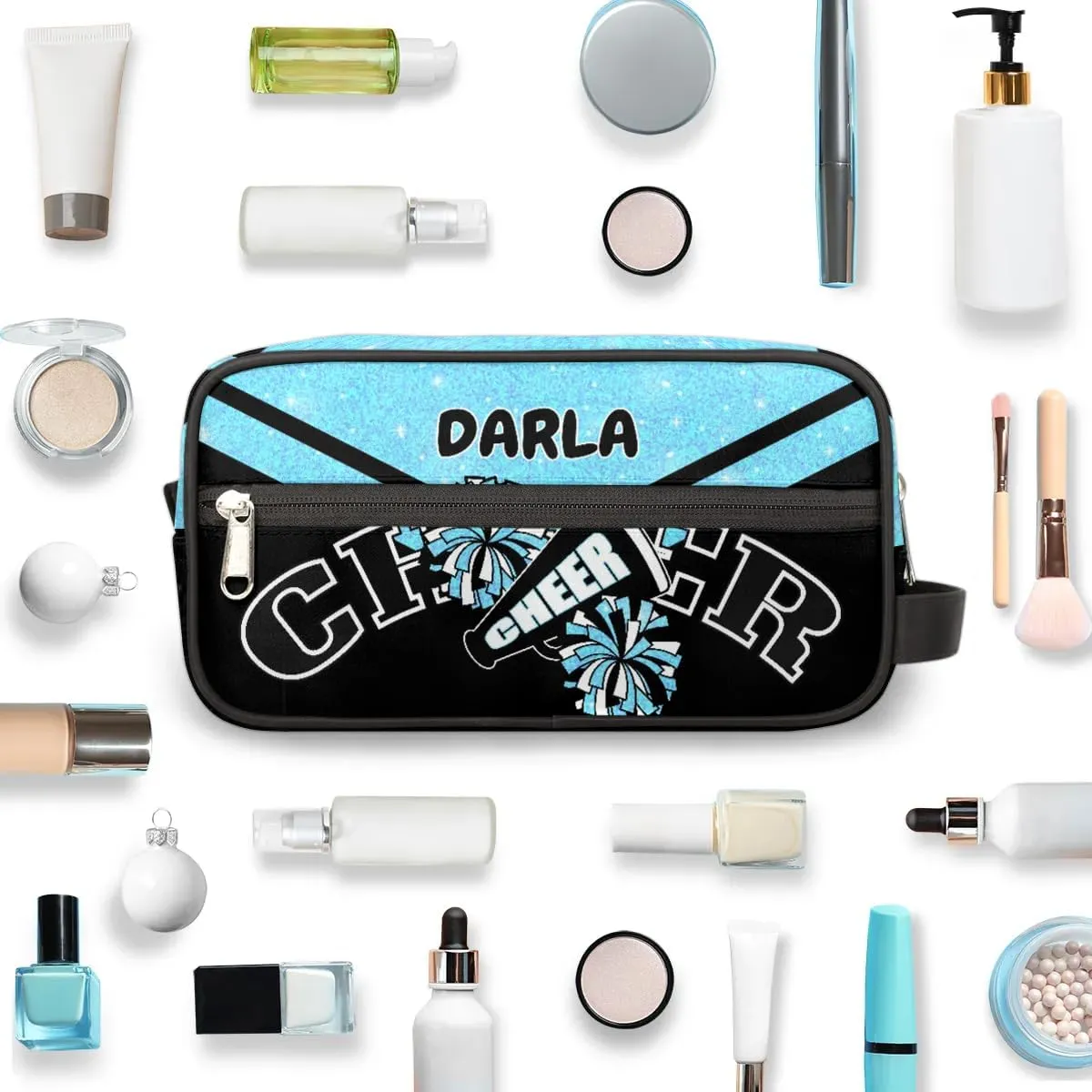 Cheer Personalized Toiletry Bag for Women Waterproof Cheerleader Cosmetic Makeup Bag Bathroom Travel Storage Bags with Handle for Cheer Team, Glitter Blue