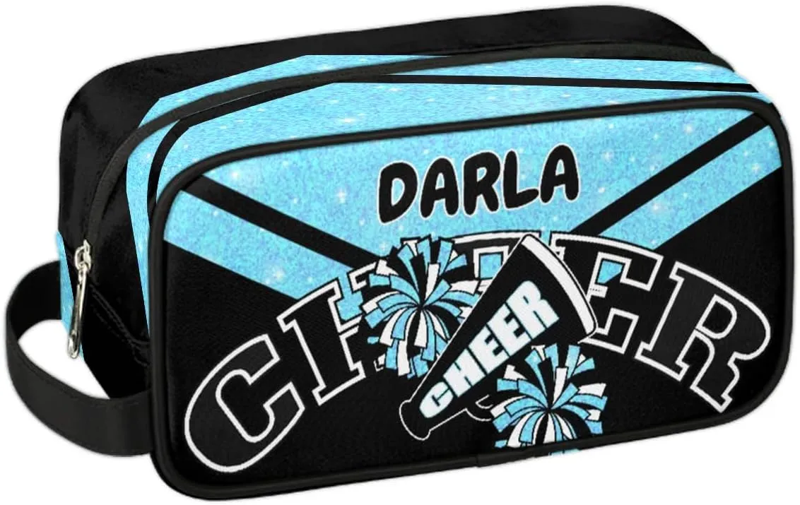 Cheer Personalized Toiletry Bag for Women Waterproof Cheerleader Cosmetic Makeup Bag Bathroom Travel Storage Bags with Handle for Cheer Team, Glitter Blue