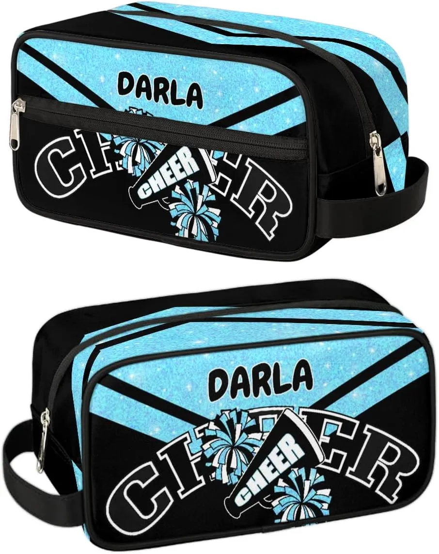 Cheer Personalized Toiletry Bag for Women Waterproof Cheerleader Cosmetic Makeup Bag Bathroom Travel Storage Bags with Handle for Cheer Team, Glitter Blue