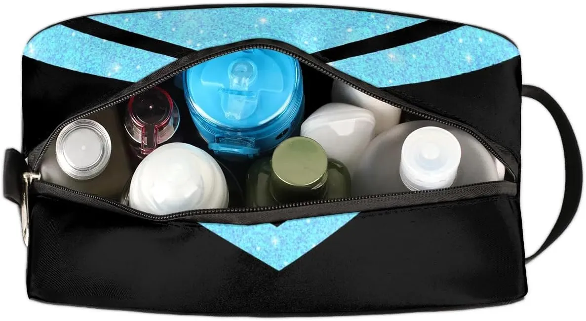 Cheer Personalized Toiletry Bag for Women Waterproof Cheerleader Cosmetic Makeup Bag Bathroom Travel Storage Bags with Handle for Cheer Team, Glitter Blue