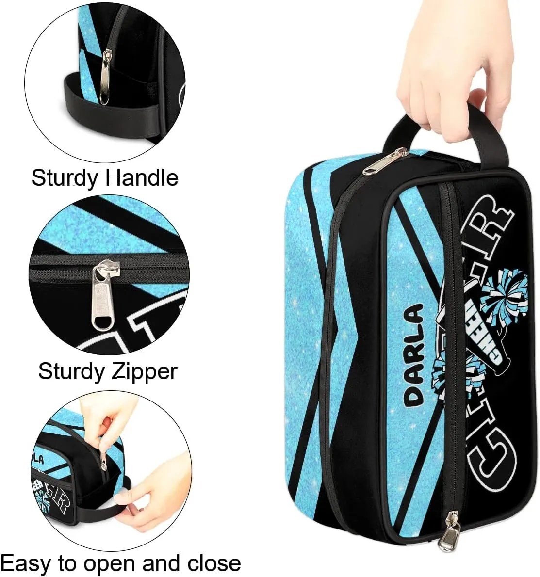 Cheer Personalized Toiletry Bag for Women Waterproof Cheerleader Cosmetic Makeup Bag Bathroom Travel Storage Bags with Handle for Cheer Team, Glitter Blue