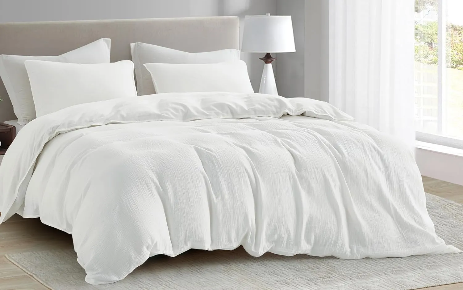 Chezmoi Collection Breeze 3-Piece Cotton Gauze Queen Duvet Cover Set, White Soft Washed Cotton Linen Like Textured Breathable Comforter Cover with Button Closure