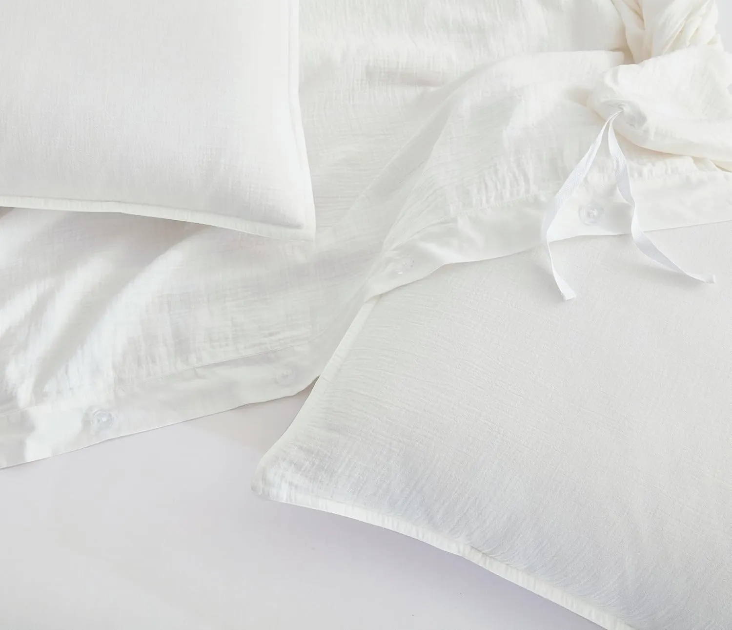 Chezmoi Collection Breeze 3-Piece Cotton Gauze Queen Duvet Cover Set, White Soft Washed Cotton Linen Like Textured Breathable Comforter Cover with Button Closure