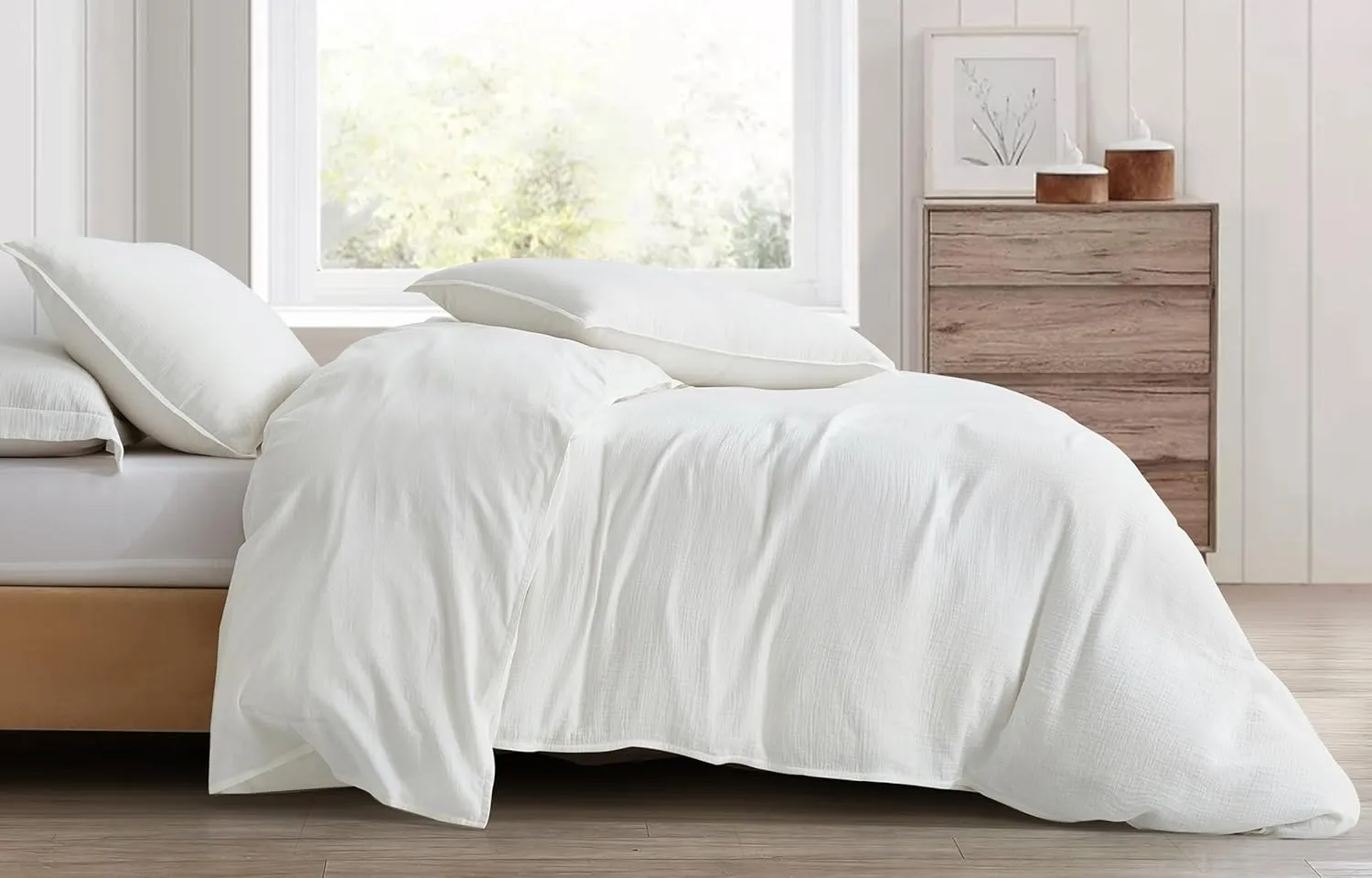 Chezmoi Collection Breeze 3-Piece Cotton Gauze Queen Duvet Cover Set, White Soft Washed Cotton Linen Like Textured Breathable Comforter Cover with Button Closure