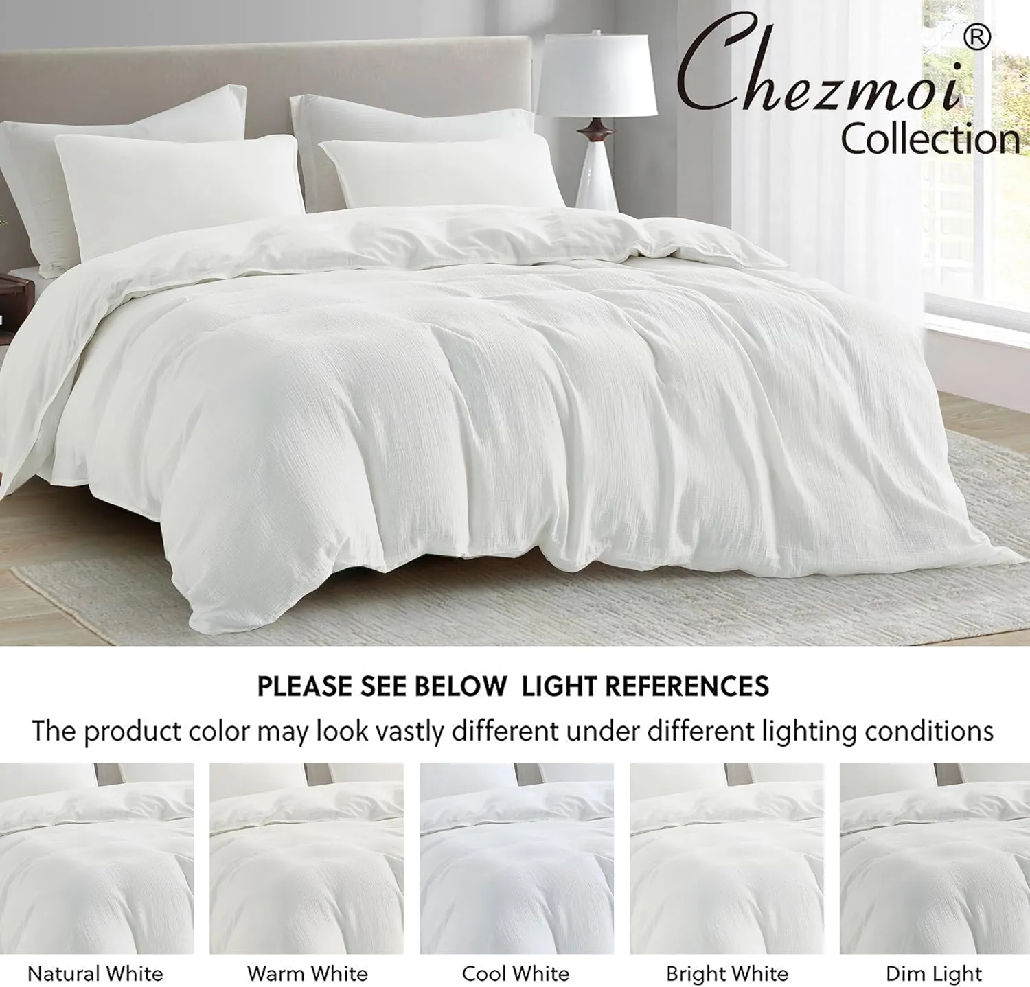 Chezmoi Collection Breeze 3-Piece Cotton Gauze Queen Duvet Cover Set, White Soft Washed Cotton Linen Like Textured Breathable Comforter Cover with Button Closure