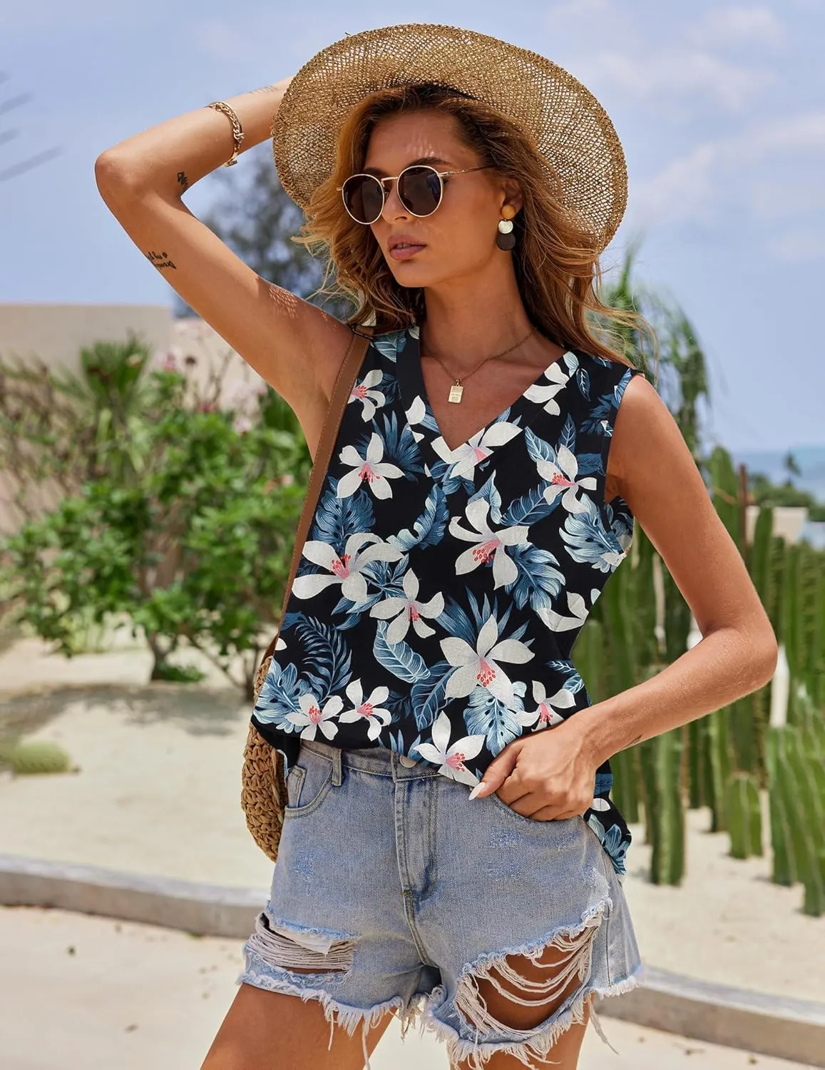 Chigant Womens Cotton Linen Tank Tops V Neck Casual Cami Sleeveless Blouses Summer Basic Tank Shirt S-XXXL