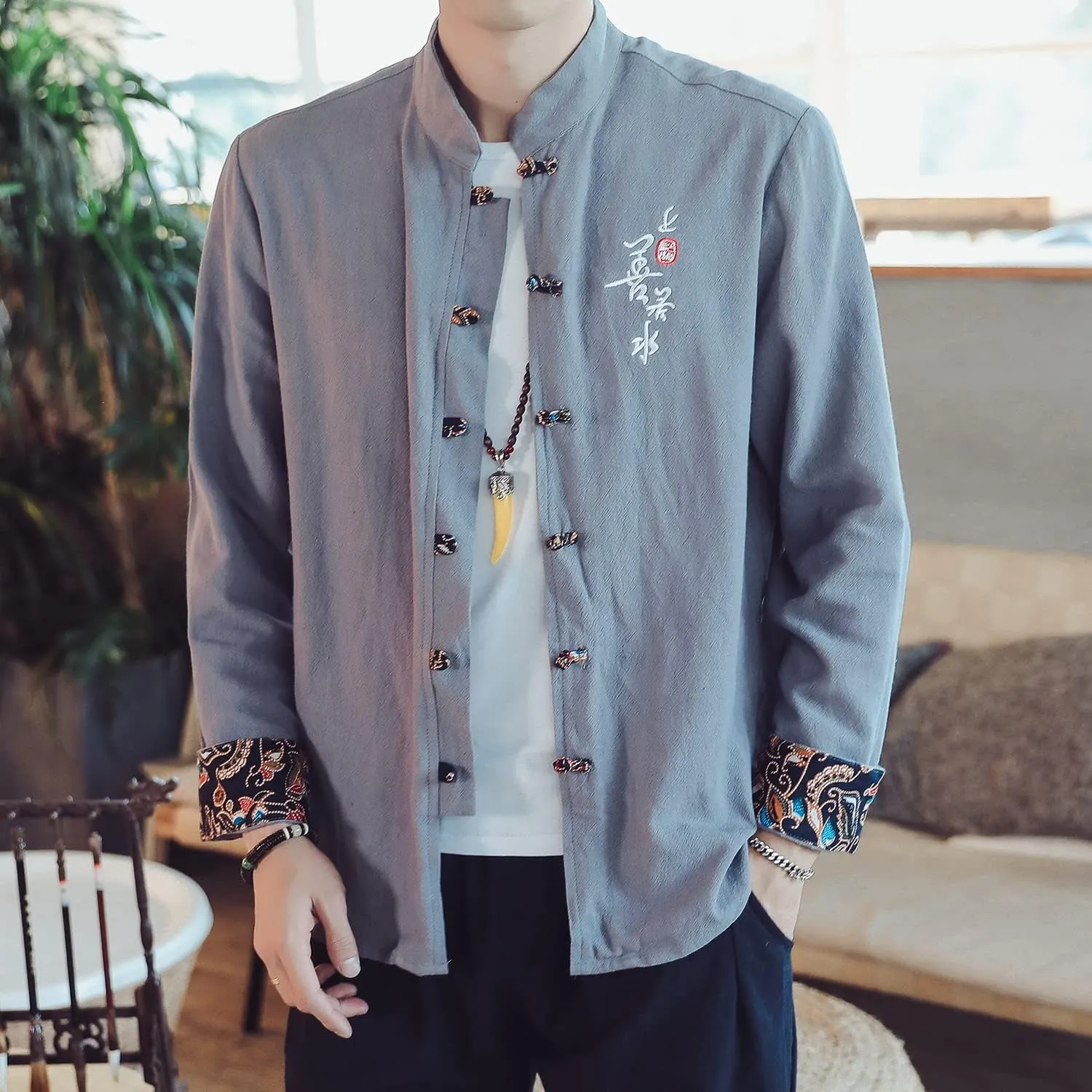 Chinese Traditional Clothing Retro Style Embroidered Men's Text Shirt Tang Suit Hanfu Lay Buddhist Zen Clothes Top