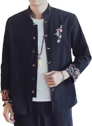 Chinese Traditional Clothing Retro Style Embroidered Men's Text Shirt Tang Suit Hanfu Lay Buddhist Zen Clothes Top