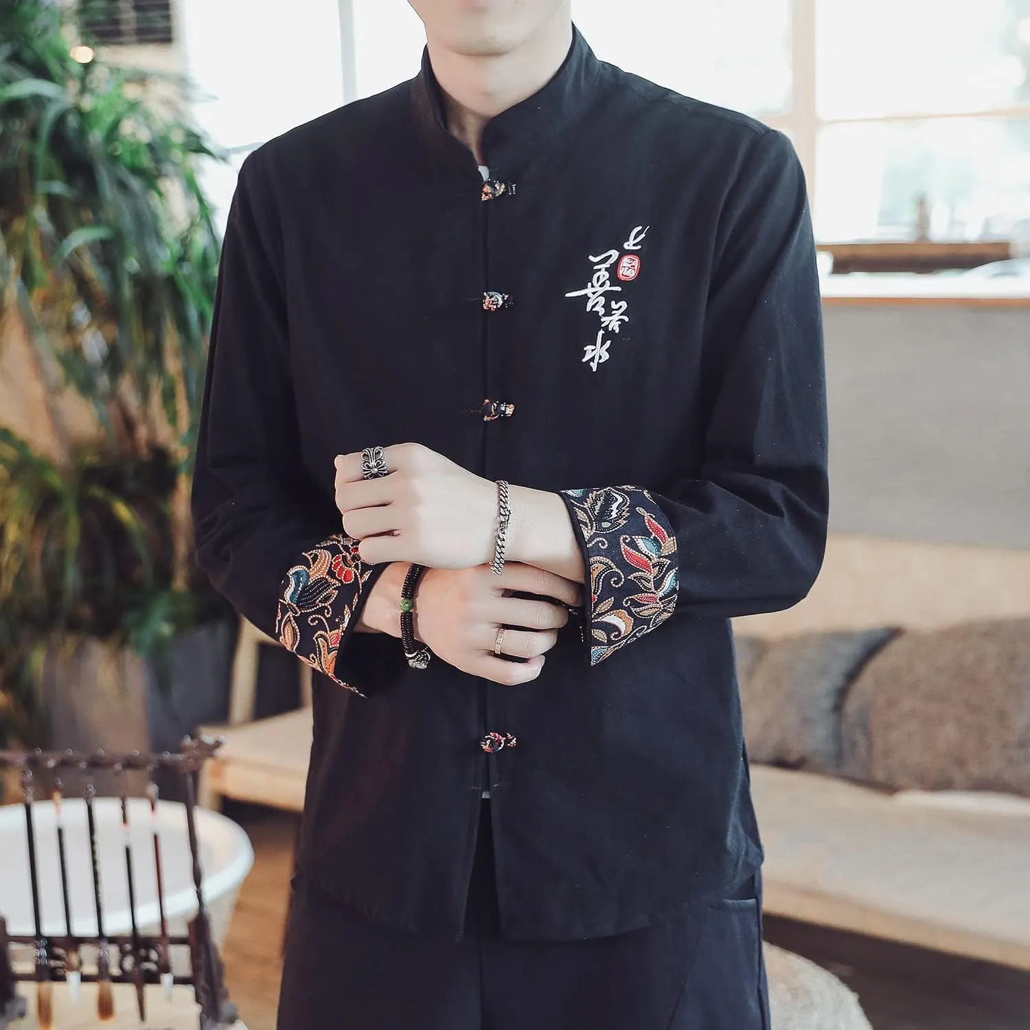 Chinese Traditional Clothing Retro Style Embroidered Men's Text Shirt Tang Suit Hanfu Lay Buddhist Zen Clothes Top