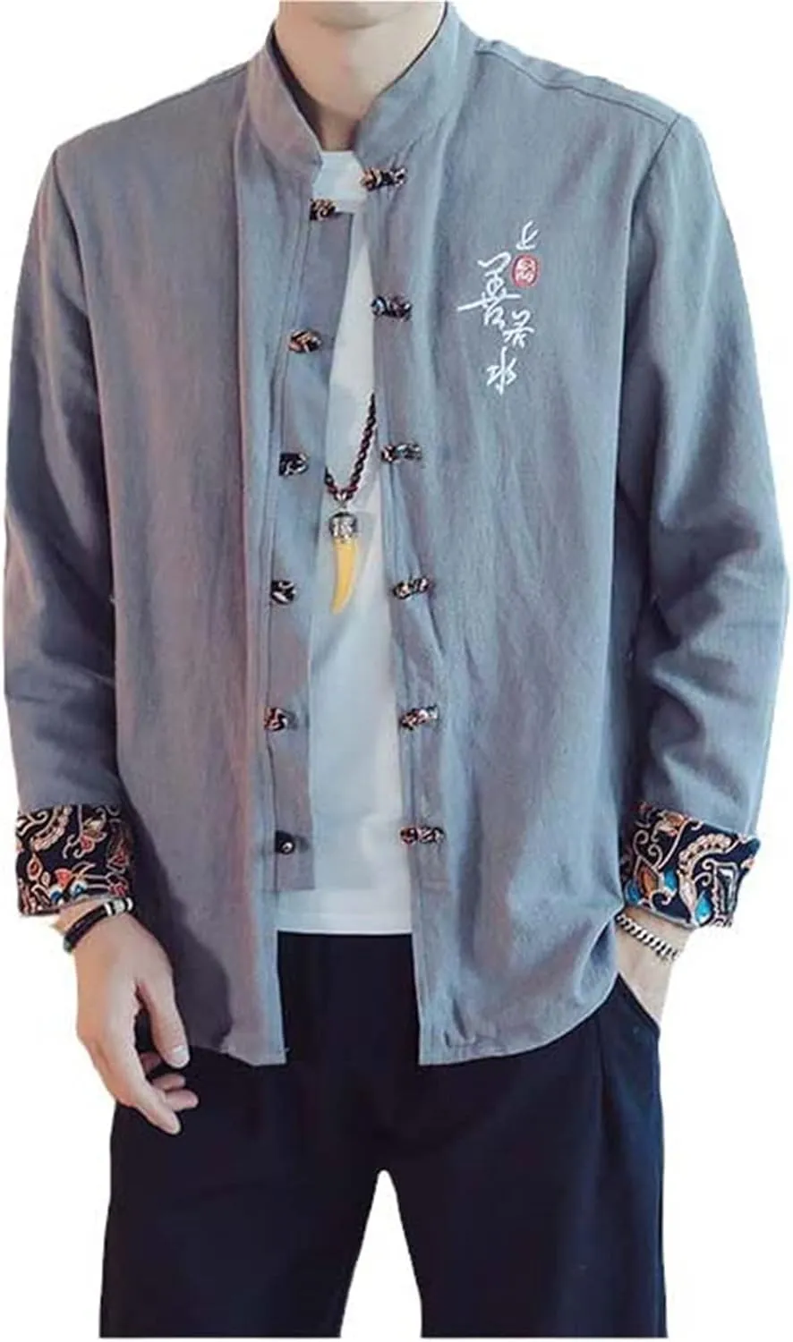 Chinese Traditional Clothing Retro Style Embroidered Men's Text Shirt Tang Suit Hanfu Lay Buddhist Zen Clothes Top