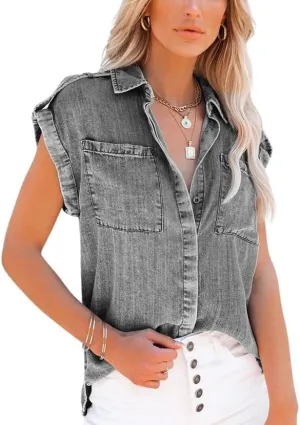 chouyatou Women's Casual Distressed Button Down Sleeveless Denim Jean Shirt Tops