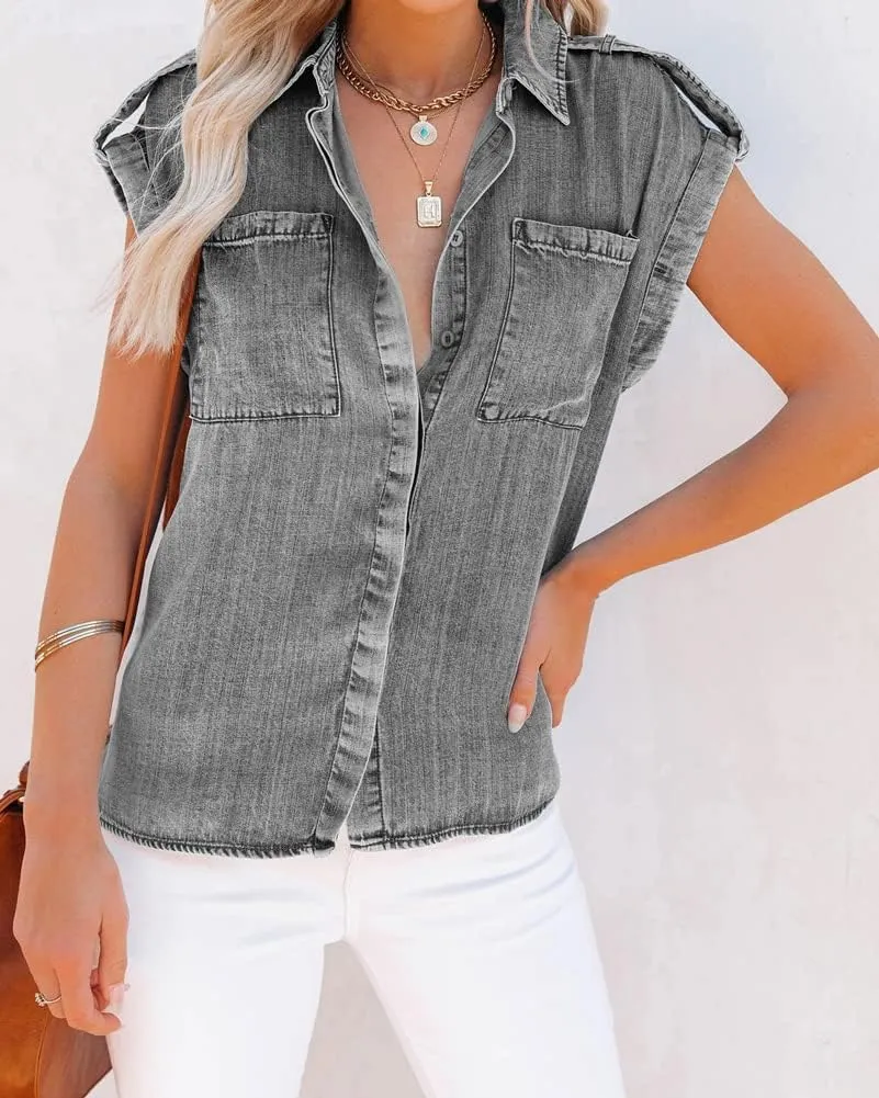 chouyatou Women's Casual Distressed Button Down Sleeveless Denim Jean Shirt Tops