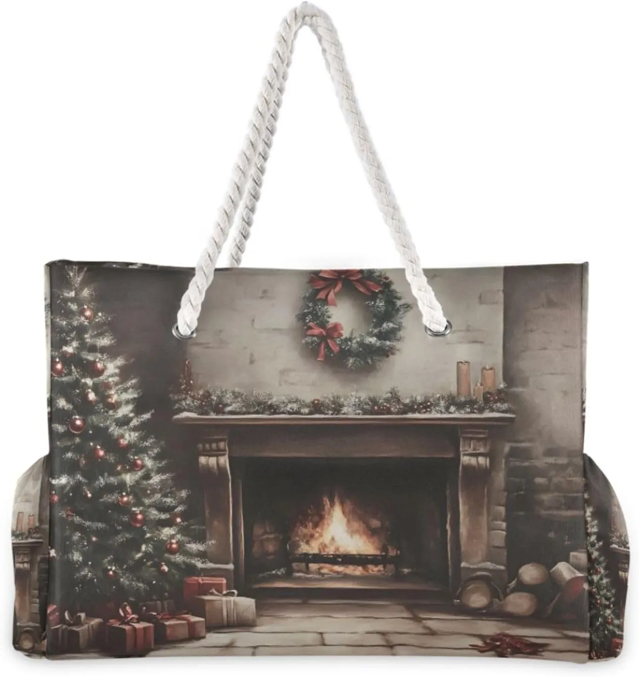 Christmas Tree Fireplace Beach Bag for Women Large Beach Tote Bag with Zipper for Travel Vacation