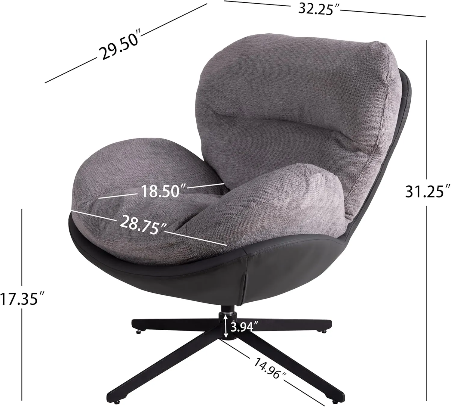 Christopher Knight Home 360° Swivel Accent Chair, Modern Chenille Lounge Chair with Faux Leather and Black Metal Base Frame, Reading Chair for Small Spaces, Living Room, Bedroom, Light Gray