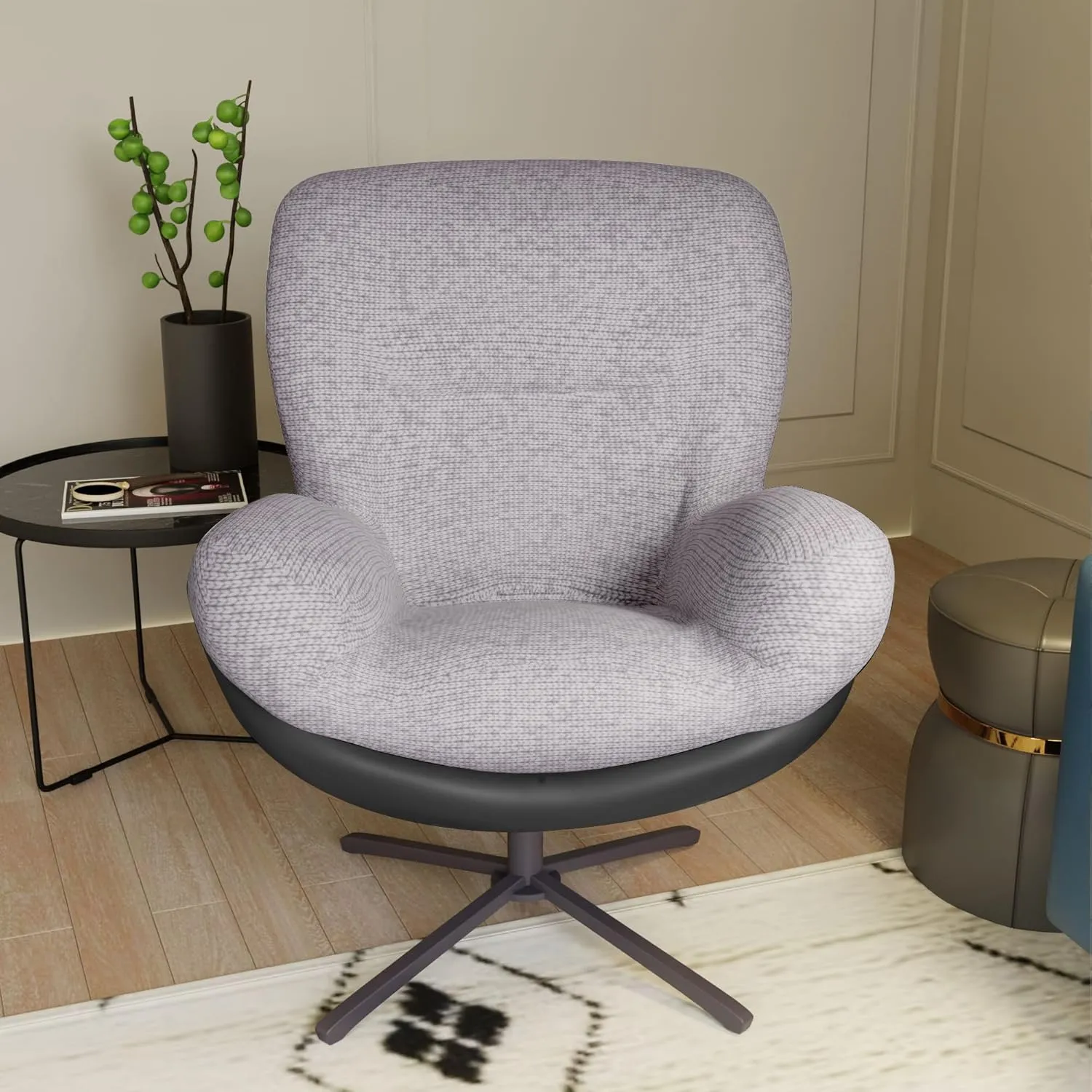 Christopher Knight Home 360° Swivel Accent Chair, Modern Chenille Lounge Chair with Faux Leather and Black Metal Base Frame, Reading Chair for Small Spaces, Living Room, Bedroom, Light Gray