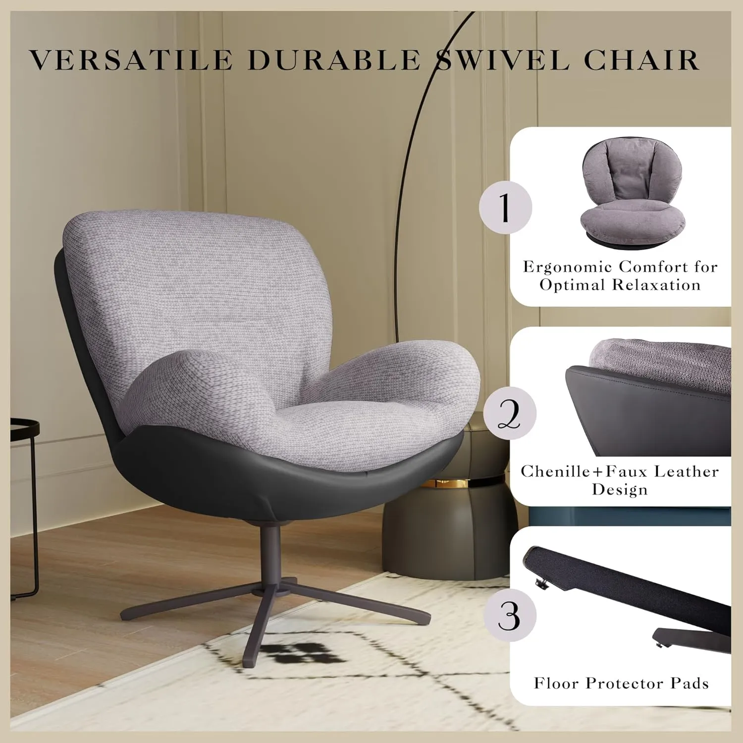 Christopher Knight Home 360° Swivel Accent Chair, Modern Chenille Lounge Chair with Faux Leather and Black Metal Base Frame, Reading Chair for Small Spaces, Living Room, Bedroom, Light Gray