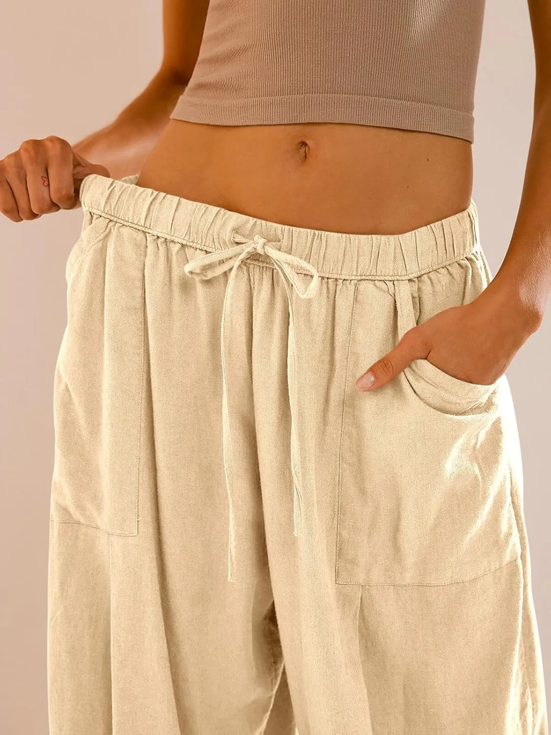 Cicy Bell Womens Beach Harem Pants Baggy Wide Leg Drawstring Summer Linen Palazzo Pants with Pockets