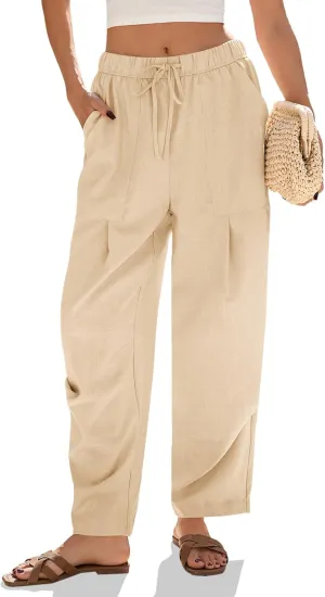 Cicy Bell Womens Beach Harem Pants Baggy Wide Leg Drawstring Summer Linen Palazzo Pants with Pockets