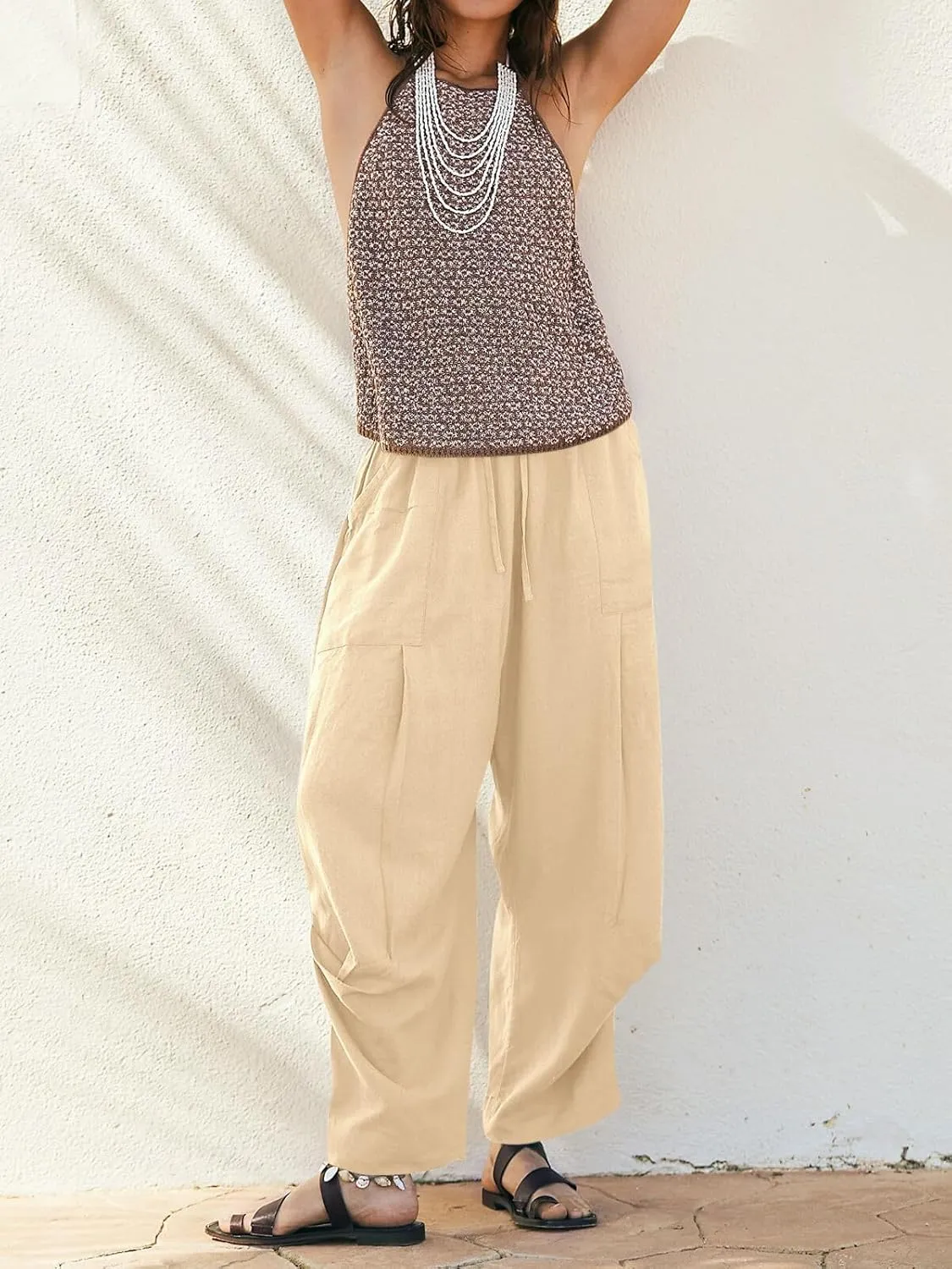 Cicy Bell Womens Beach Harem Pants Baggy Wide Leg Drawstring Summer Linen Palazzo Pants with Pockets