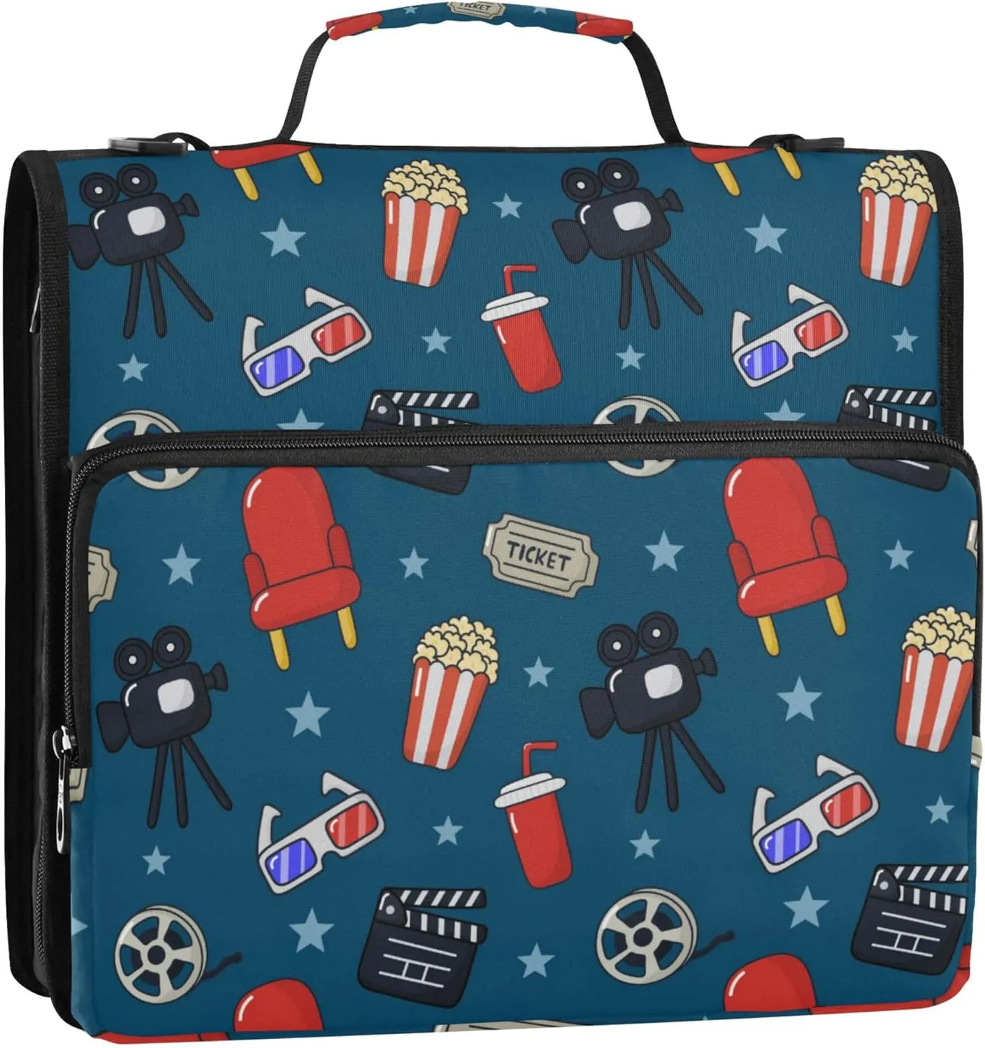 Cinema Popcorn Pattern Zipper Binder, 1.5 inch 3 Ring Binder Organizer Bag with Shoulder Strap and Handle, Multi-Pocket, 500 Sheet Capacity