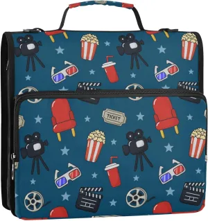 Cinema Popcorn Pattern Zipper Binder, 1.5 inch 3 Ring Binder Organizer Bag with Shoulder Strap and Handle, Multi-Pocket, 500 Sheet Capacity