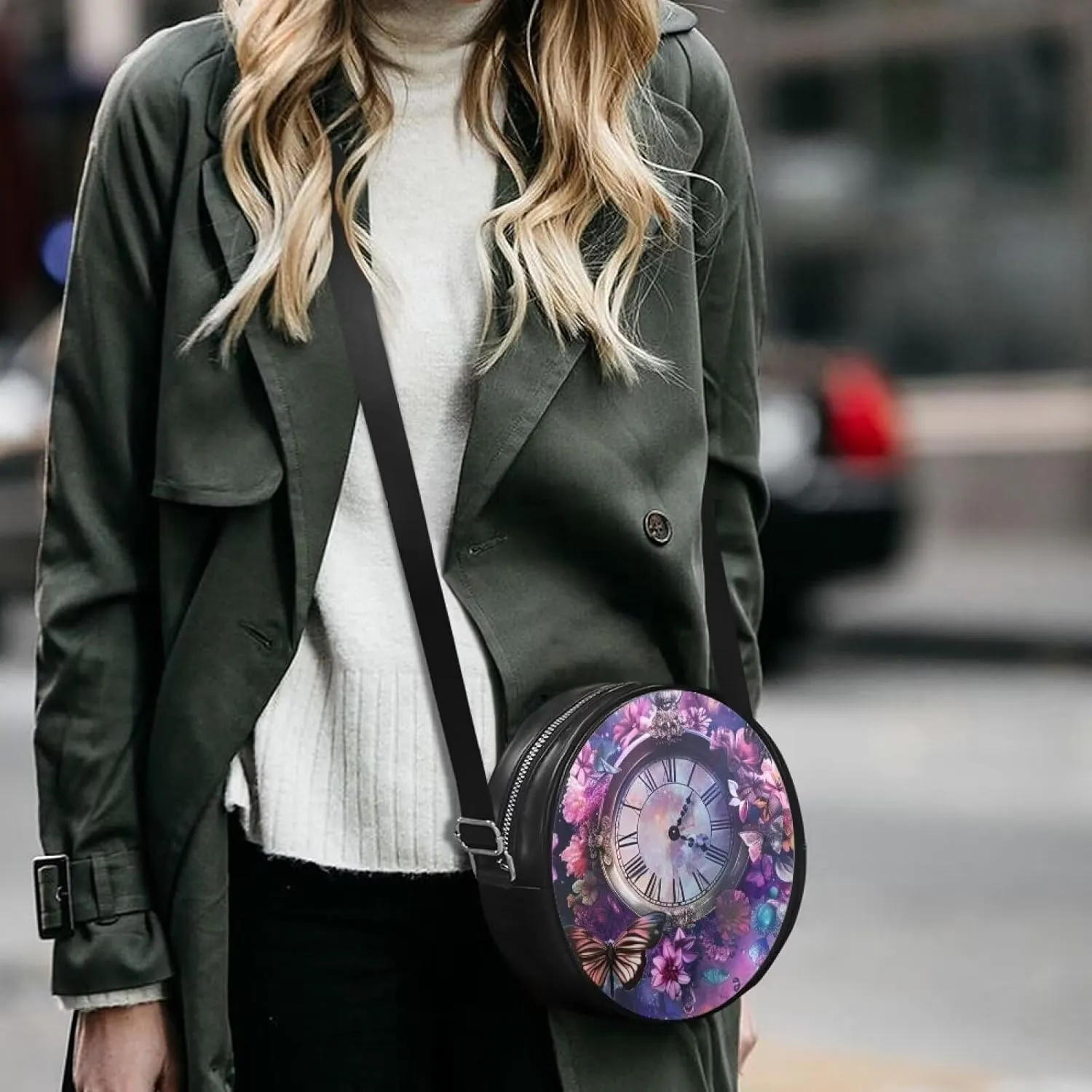 Circle Purse for Women Leather Crossbody Round Bag Zipper Round Wallet Clutch Purse Lightweight Shoulder Tote Bag