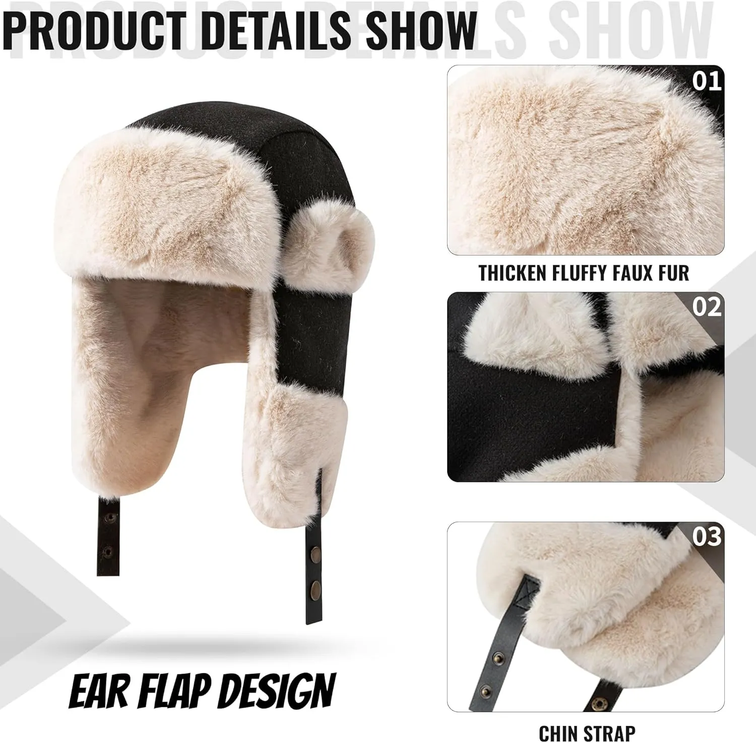 CLAPE Winter Trapper Hats Warm Russian Trooper Faux Fur Hat with Ear Flap Aviator Cap Unisex Ushanka Hat for Hunting