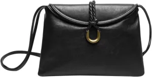 Classic Leather Crossbody Handbag, Braided Strap Flip with Hardware Buckle