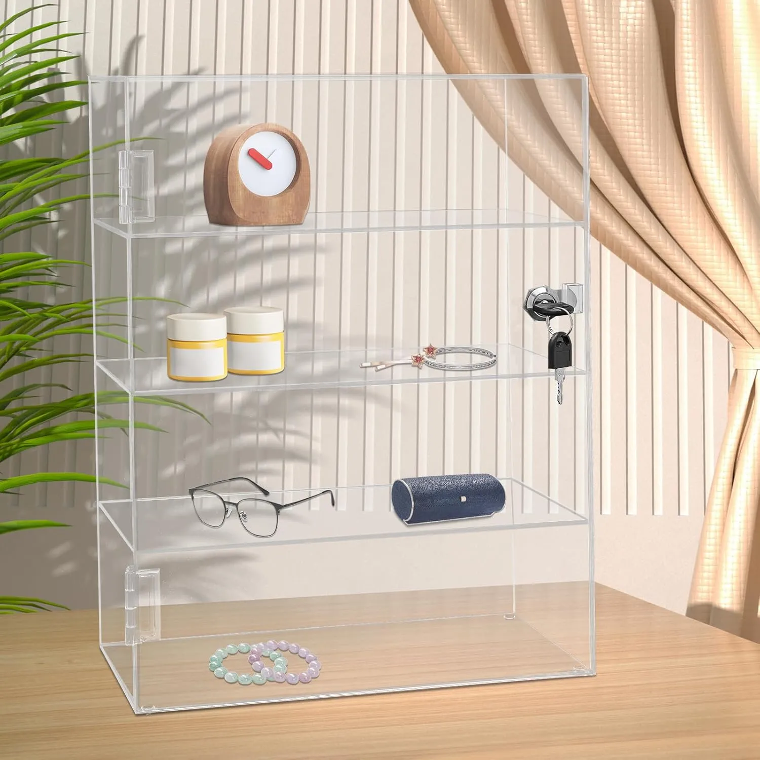 Clear Acrylic Display Case,4 Layer Transparent Countertop Showcase,Protection Showcase with Lock for Toy Collectibles Office Retail Store Safe Storage Sunglasses Toys (11.81*5.9*15.75 Inch)