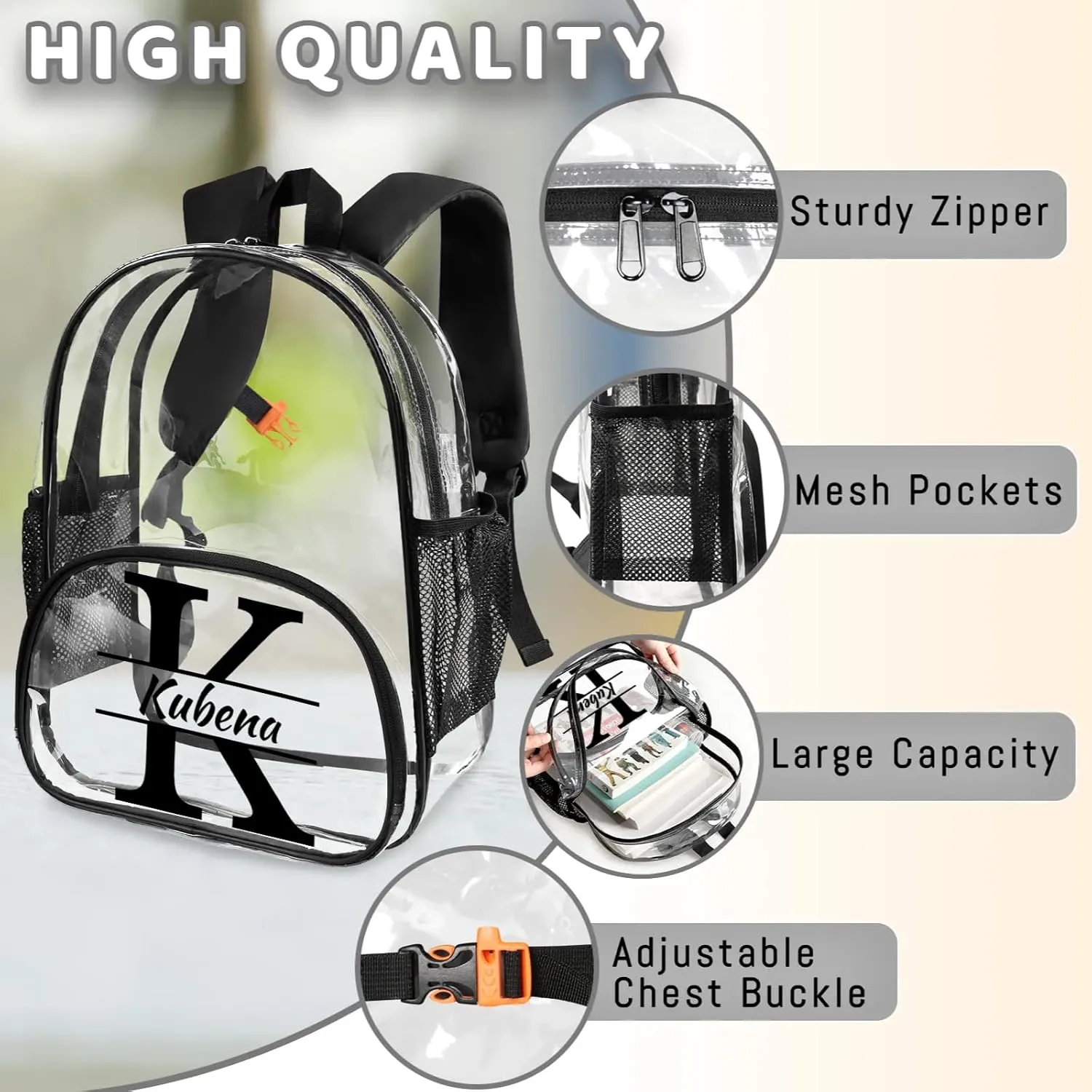 Clear Bookbag Personalized Name Initial Transparent Black Backpack, Custom See Through Travel Sport Plastic Back Pack PVC with Reinforced Strap, Waterproof
