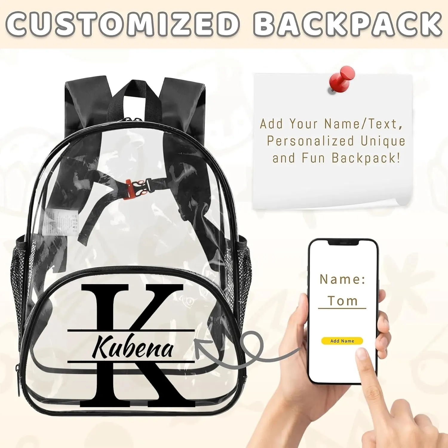 Clear Bookbag Personalized Name Initial Transparent Black Backpack, Custom See Through Travel Sport Plastic Back Pack PVC with Reinforced Strap, Waterproof