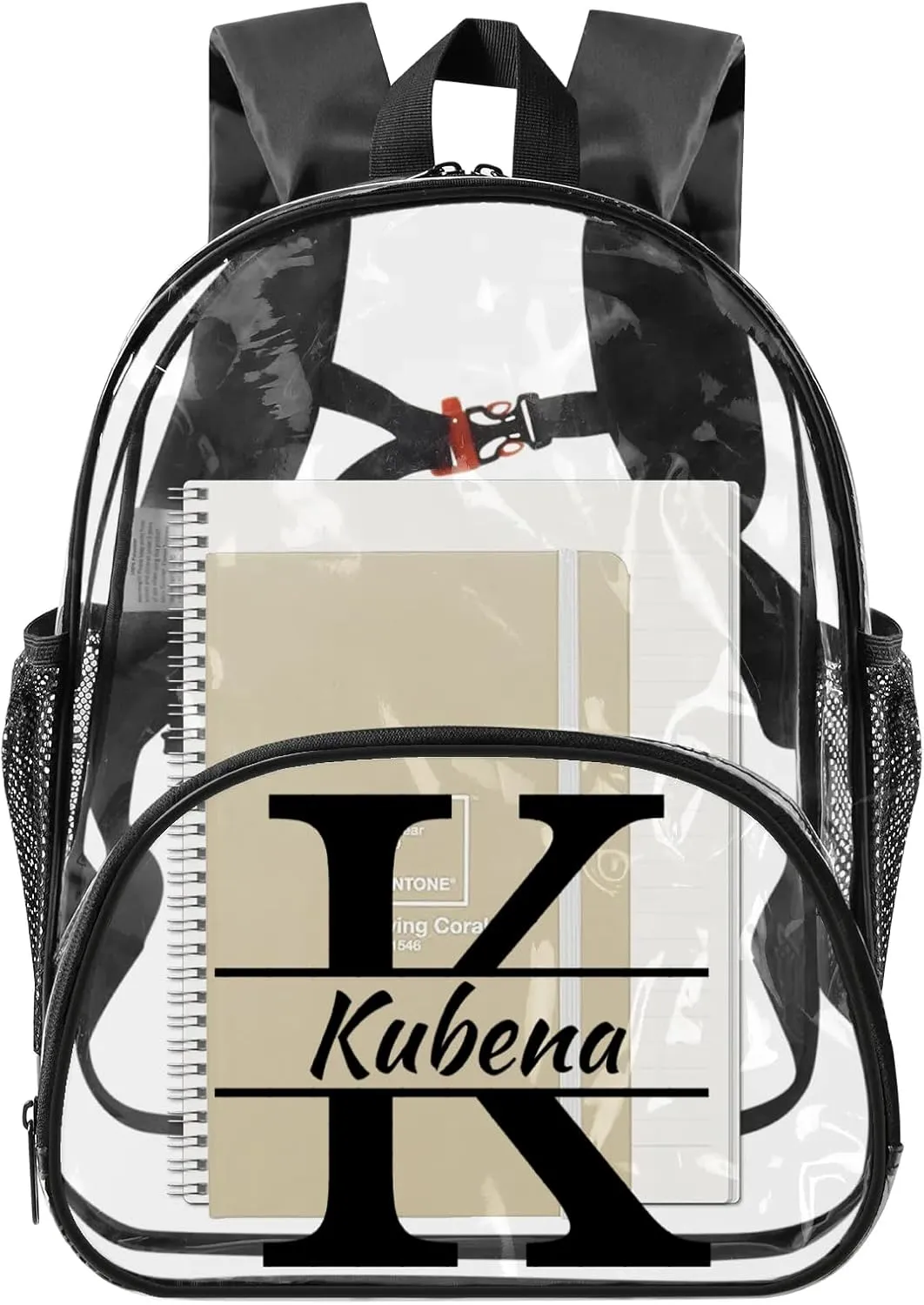 Clear Bookbag Personalized Name Initial Transparent Black Backpack, Custom See Through Travel Sport Plastic Back Pack PVC with Reinforced Strap, Waterproof