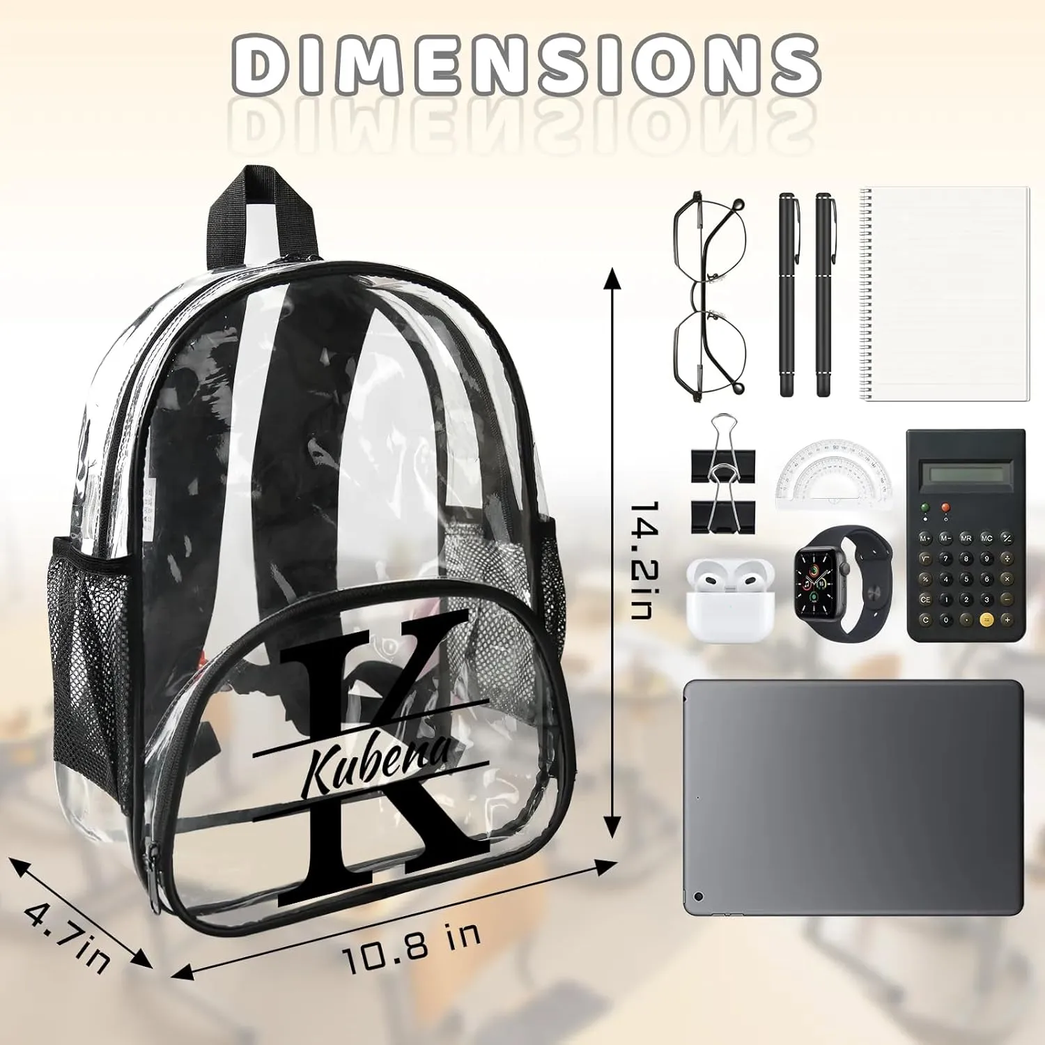 Clear Bookbag Personalized Name Initial Transparent Black Backpack, Custom See Through Travel Sport Plastic Back Pack PVC with Reinforced Strap, Waterproof