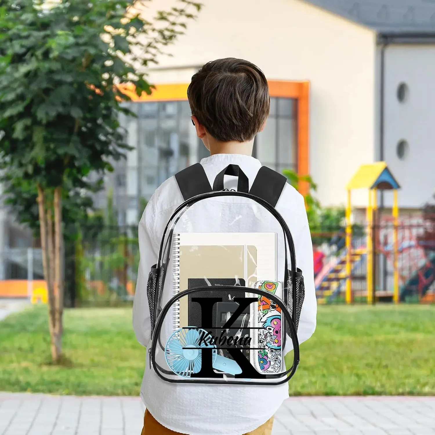 Clear Bookbag Personalized Name Initial Transparent Black Backpack, Custom See Through Travel Sport Plastic Back Pack PVC with Reinforced Strap, Waterproof