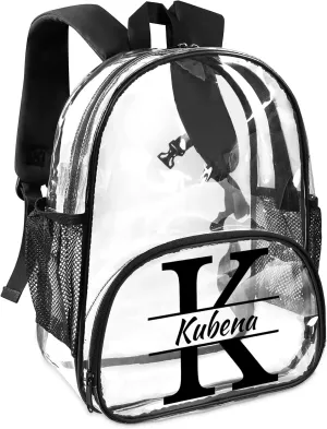 Clear Bookbag Personalized Name Initial Transparent Black Backpack, Custom See Through Travel Sport Plastic Back Pack PVC with Reinforced Strap, Waterproof