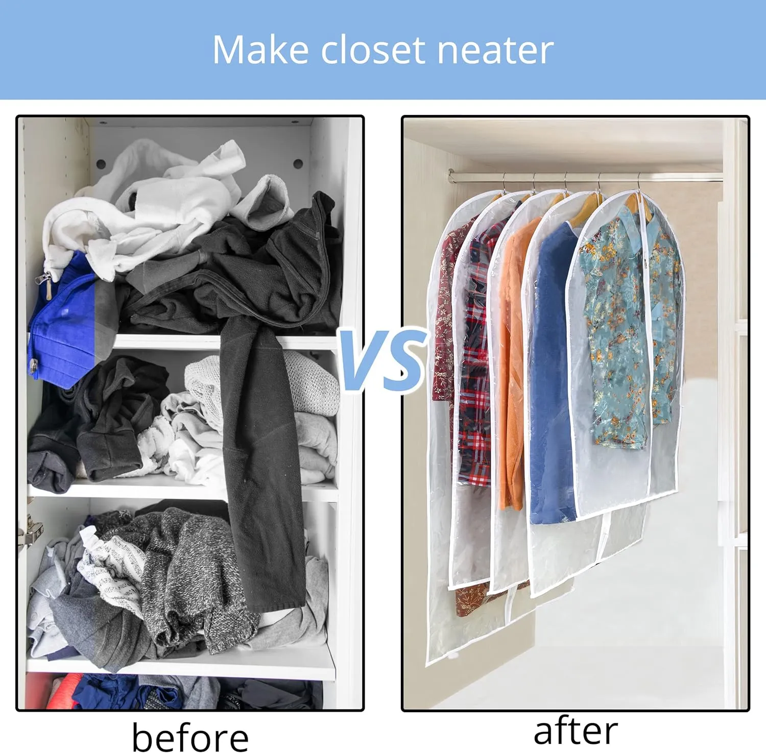 Clear Garment Bag Long Garment Bags for Gowns, Vinyl Dress Bags for Closet Storage, Coat Covers for Closet With Zipper Plastic Garment Bags for Hanging Clothes Long Dress - 24'' X 48''/6 Pack