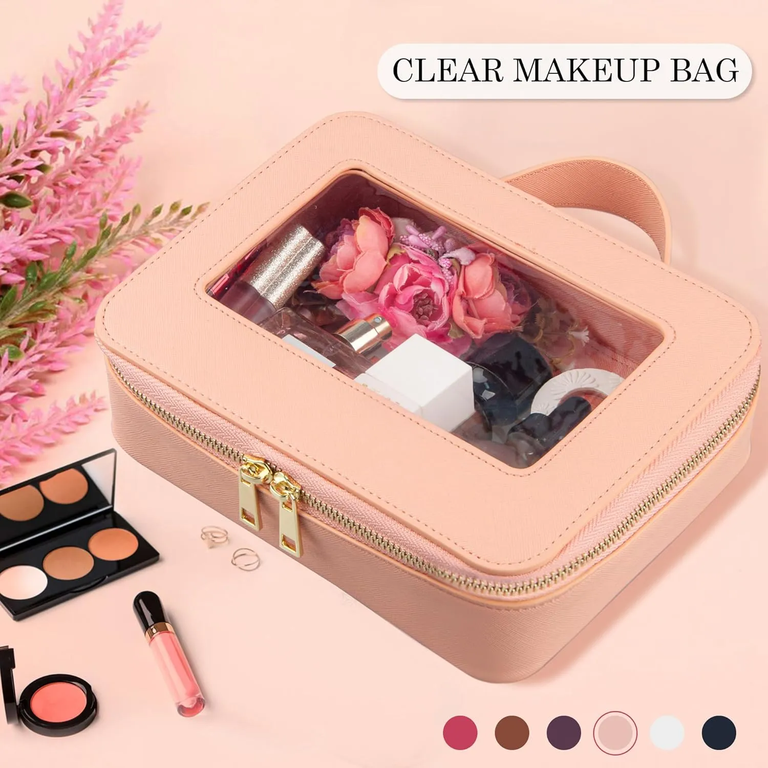 Clear Makeup Bag Travel Cosmetic Case Makeup Bag Organizer Cute Toiletry Bag Leather Car Organizer Car Accessories for Women (Pink)