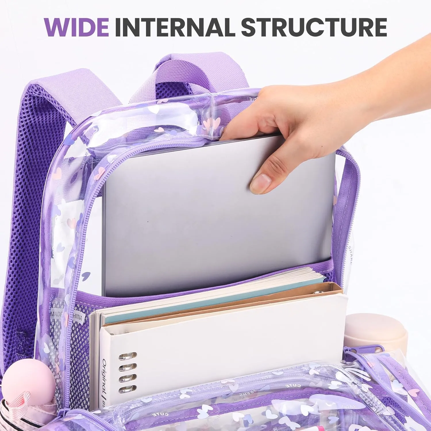 Clear purple backpack for kids with laptop compartemt high school bookbag transparent see throu plastic toddler teen