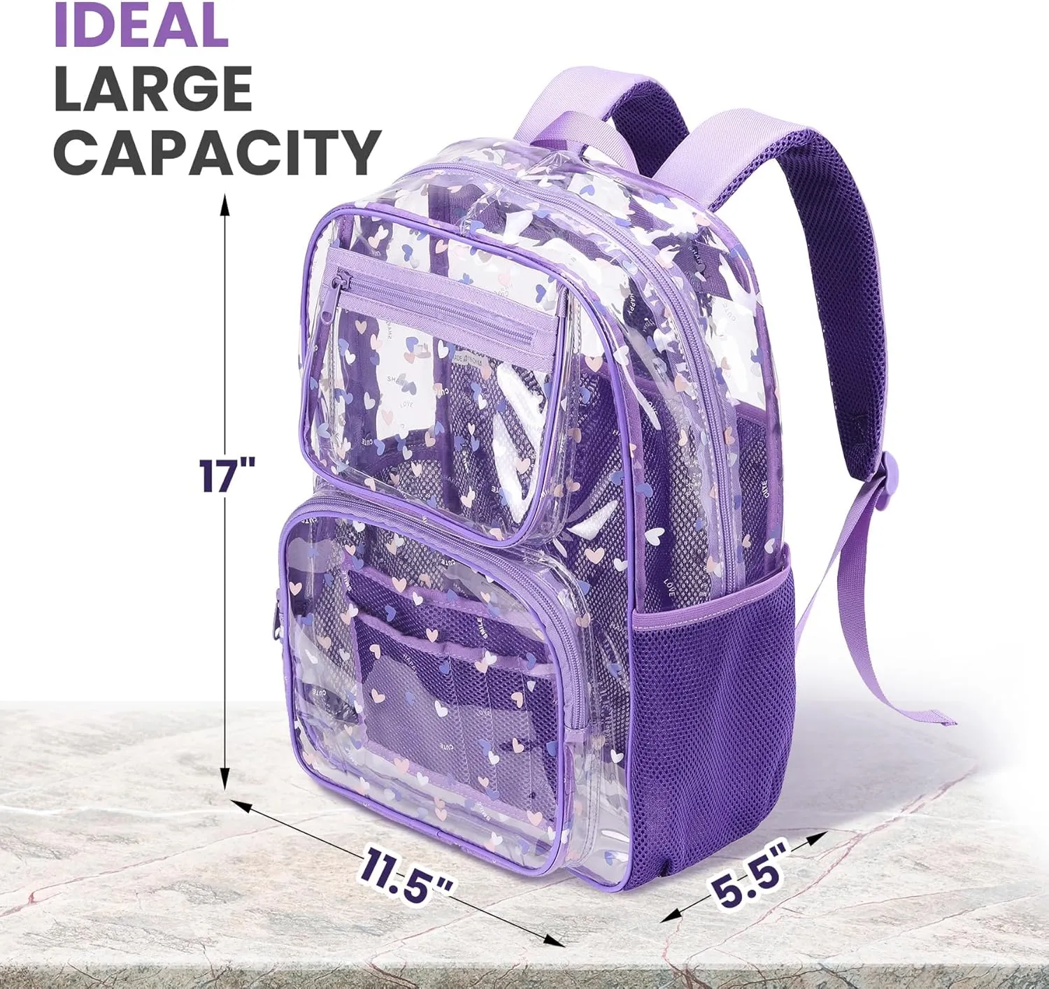 Clear purple backpack for kids with laptop compartemt high school bookbag transparent see throu plastic toddler teen