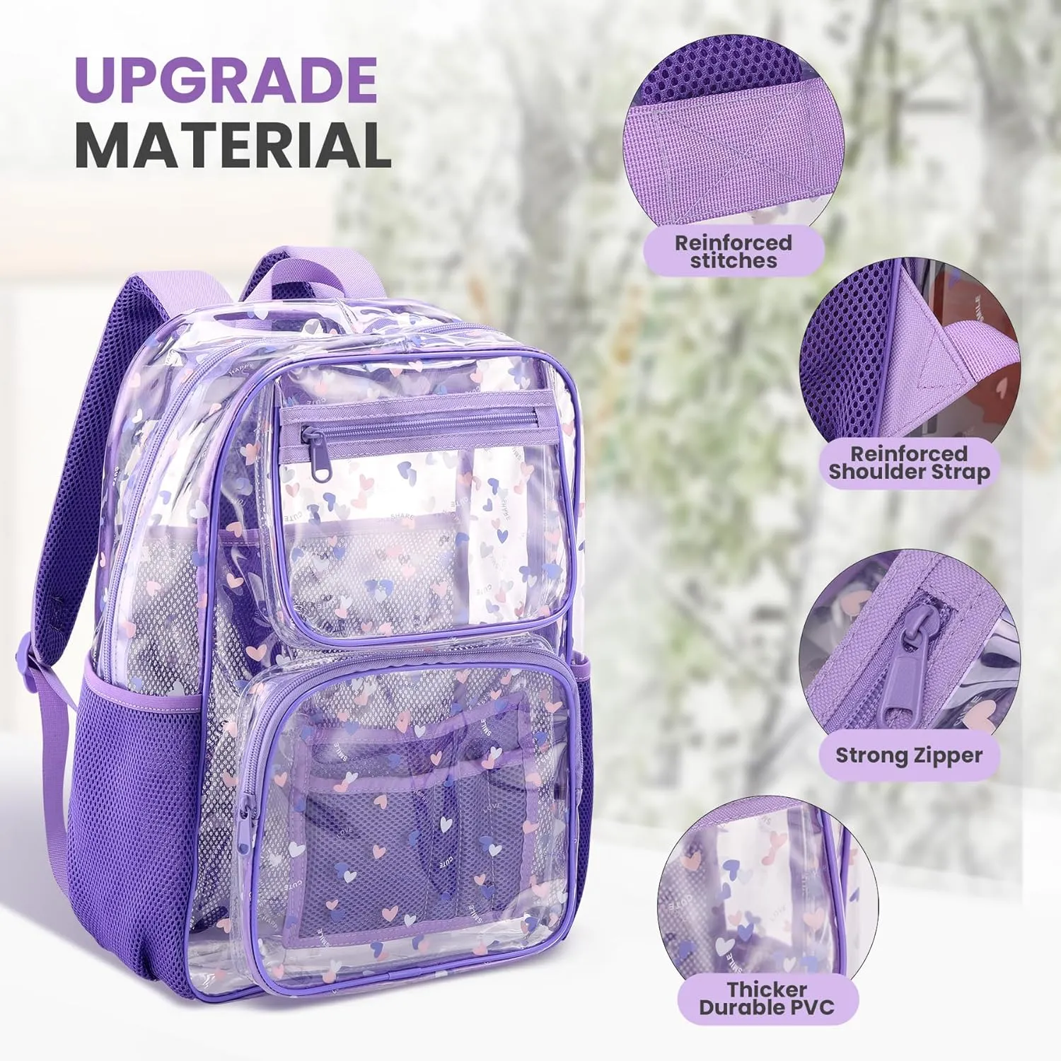 Clear purple backpack for kids with laptop compartemt high school bookbag transparent see throu plastic toddler teen