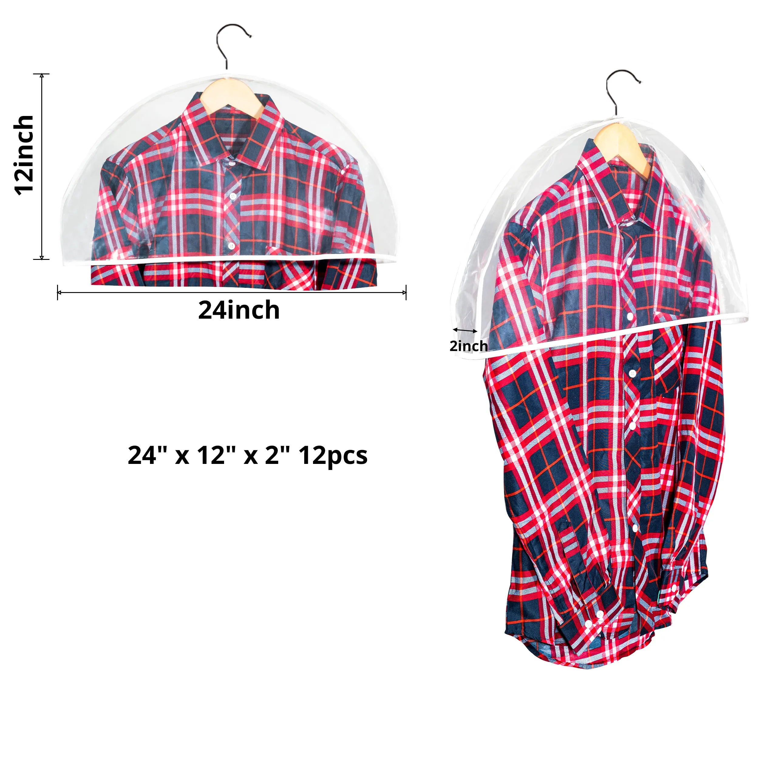 Clear Shoulder Covers Vinyl Plastic Hanger Covers for Clothes (Set of 12), Closet Clothes Protectors Breathable Garment Cover with 2" Gusset, Suit Shoulder Covers for Closets - 24'' X12" X2''/12 Pack