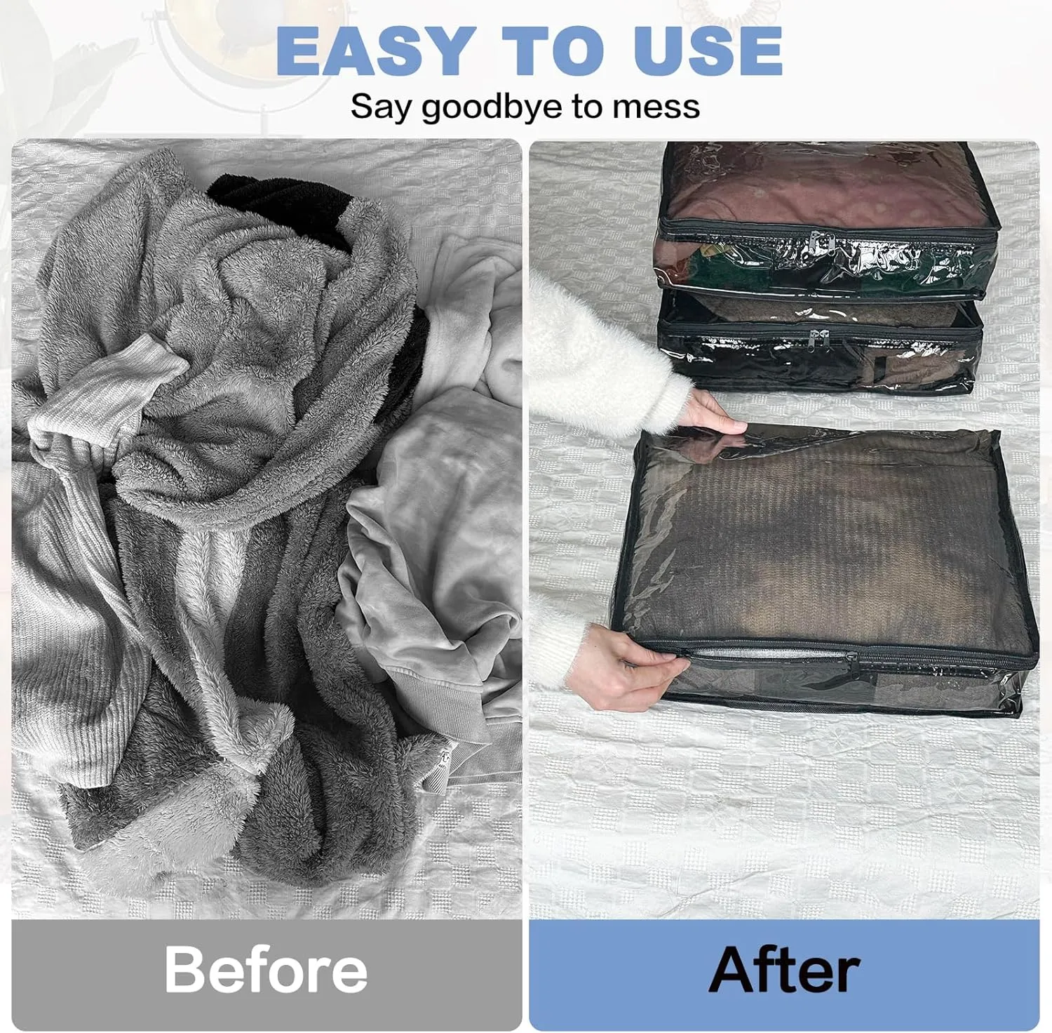 Clear Zippered Storage Bags Plastic Sweater Storage Bags with Zipper 6 Packs Clothing Organizer for Blankets Linen Sweater Bed Sheet Quilt Clothes Pillow (15.7 x 13.8 x 3.9 Inch, Black)