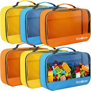 codree 6 Pack Large Oxford Cloth Toy Storage Bags, 13 x 8.5 x 3.9 Inch Visible Organizer Pouch with Zipper, Waterproof Travel Toy Storage for Building Blocks, Small Toys